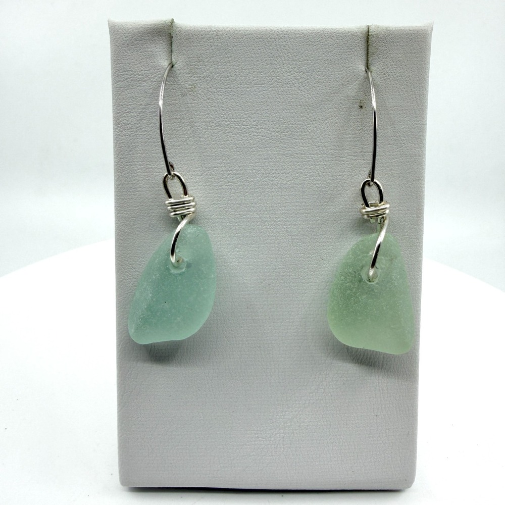 Sea Glass Dangle Earrings Pale Green Boho Coastal Minimalist Jewelry